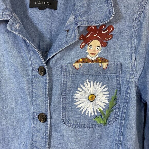 Talbots Size Medium Chambray Denim Shirt Shacket Kitch Gardening Red Head Lady - Picture 5 of 5